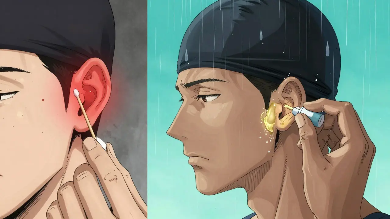 Split scene: one side shows cotton swab misuse, the other shows preventive ear drops creating a protective glow.