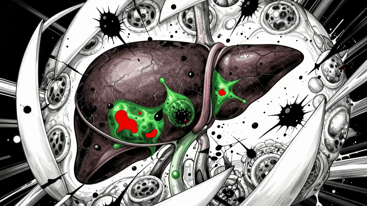 Stylized liver cells under toxic attack