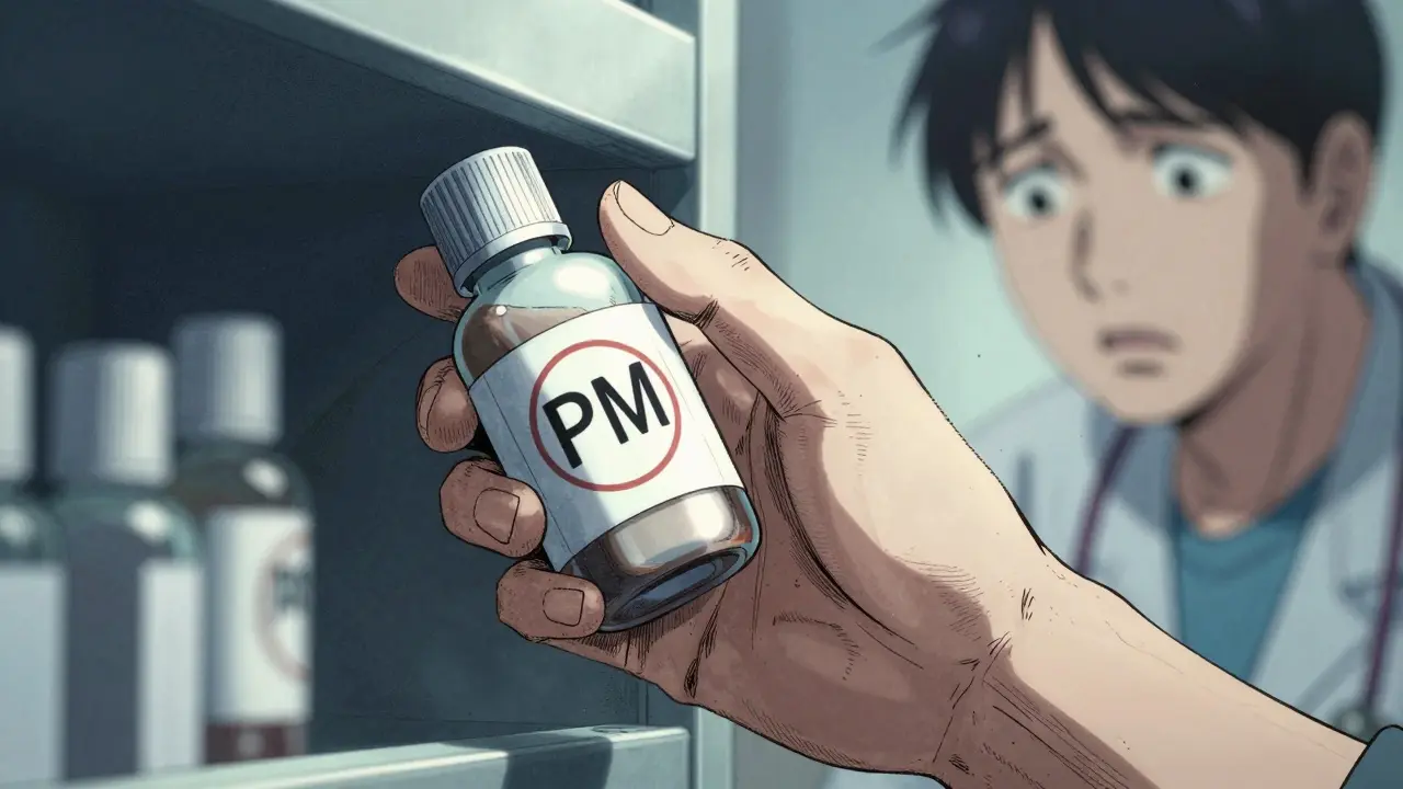 A close-up of a hand holding a nighttime medication bottle during a medicine cabinet review.