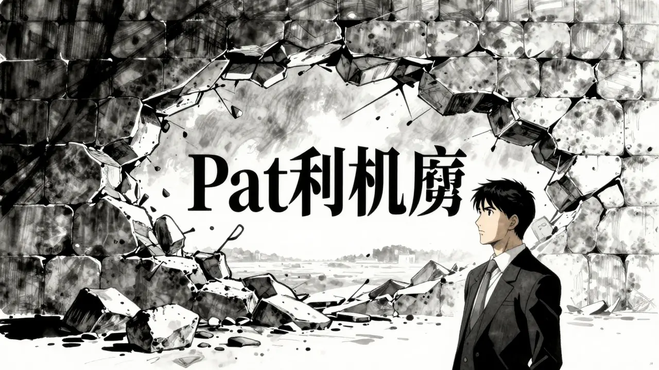 A crumbling stone wall symbolizing a patent cliff in dramatic anime art.