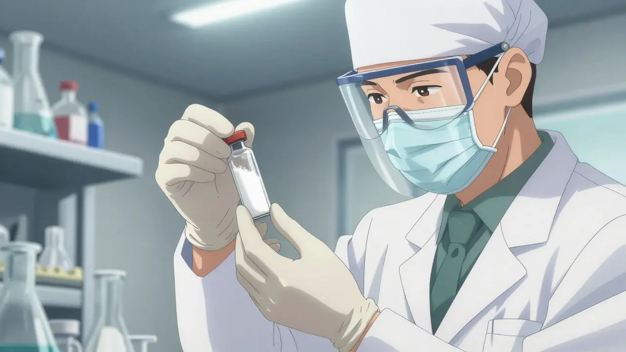 A researcher in a lab wearing gloves and handling a vial of chemical powder.
