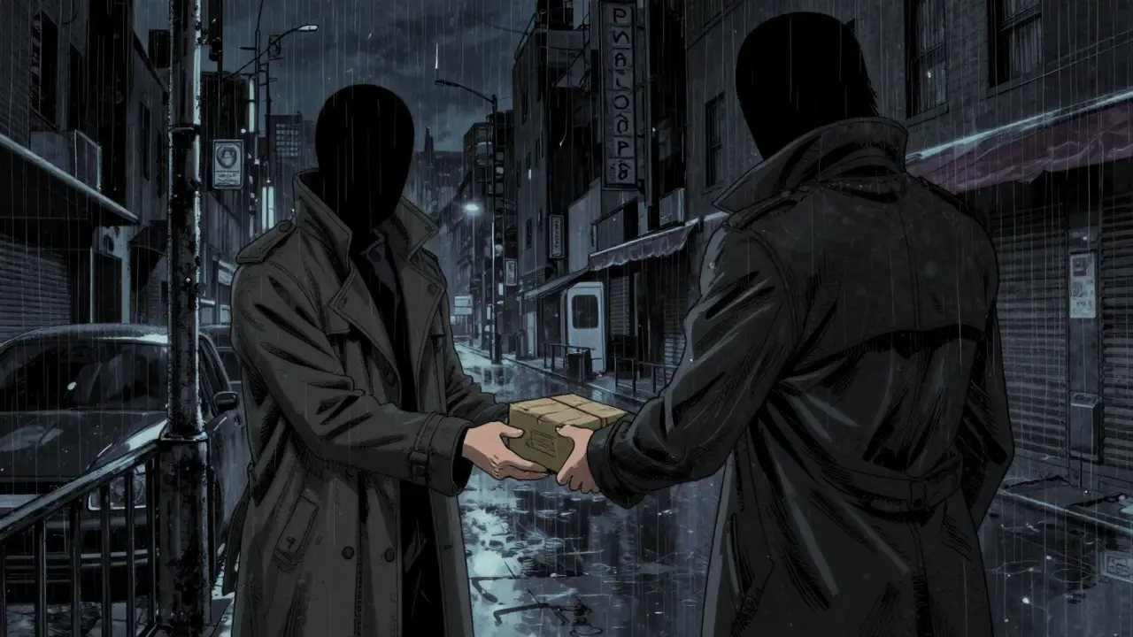 A shadowy exchange of a package on a rainy city street in Gekiga noir anime style.