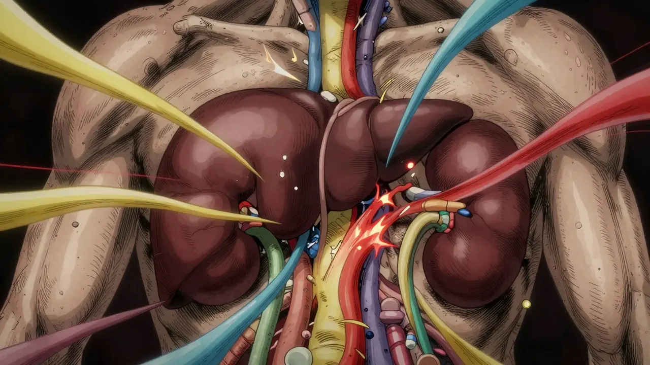 Abstract Gekiga illustration of medications clashing within the liver and kidneys.