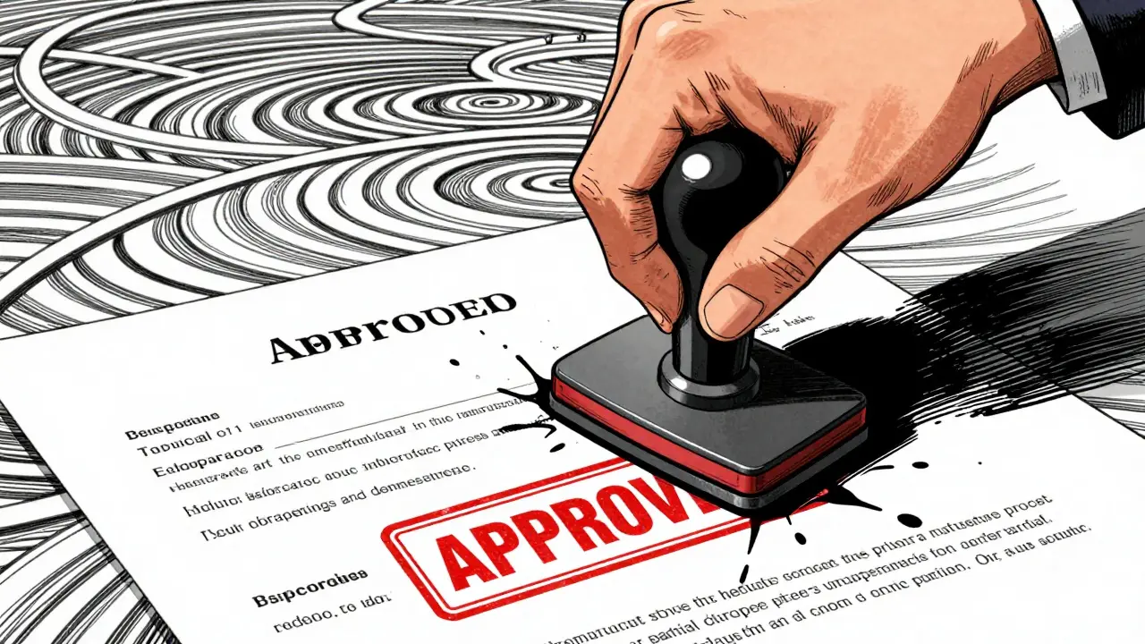 An approval stamp being pressed onto an insurance document