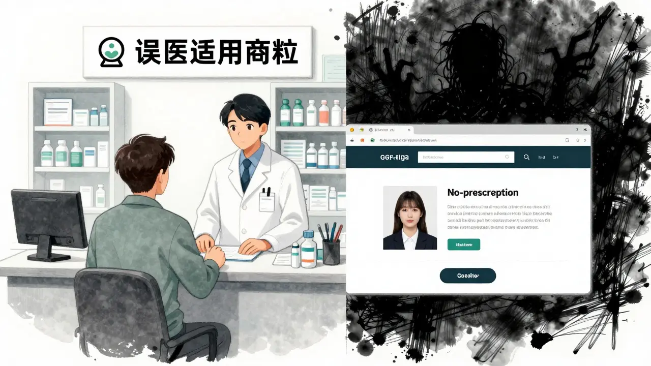 Comparison between a legal pharmacy and a dangerous illegal website in Gekiga style