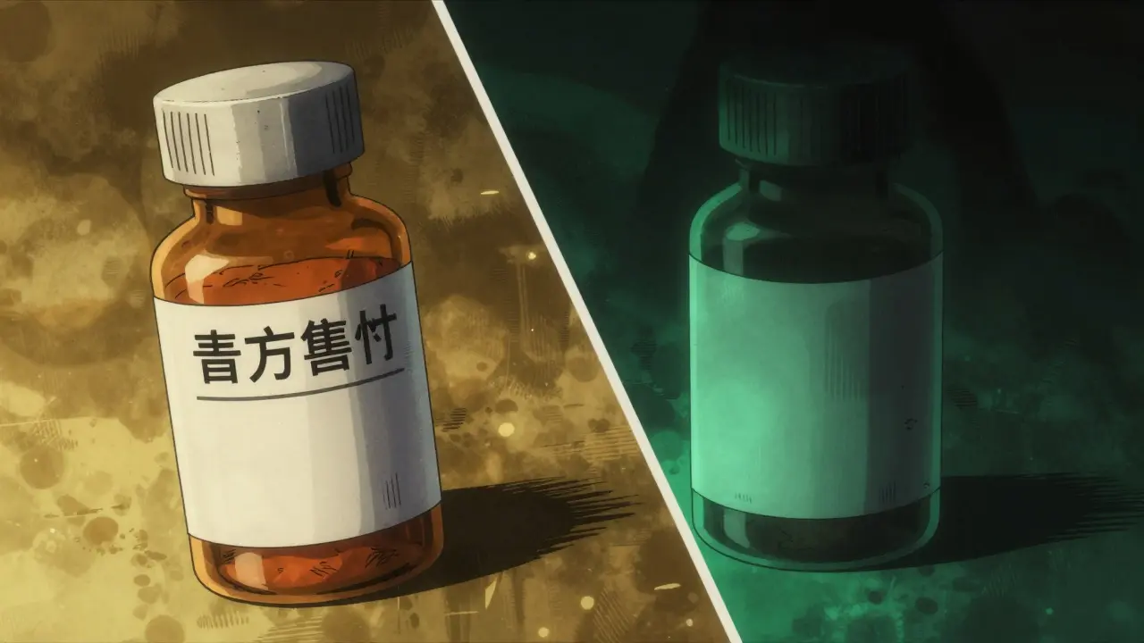 Comparison between a legitimate medicine bottle and a suspicious unmarked container.
