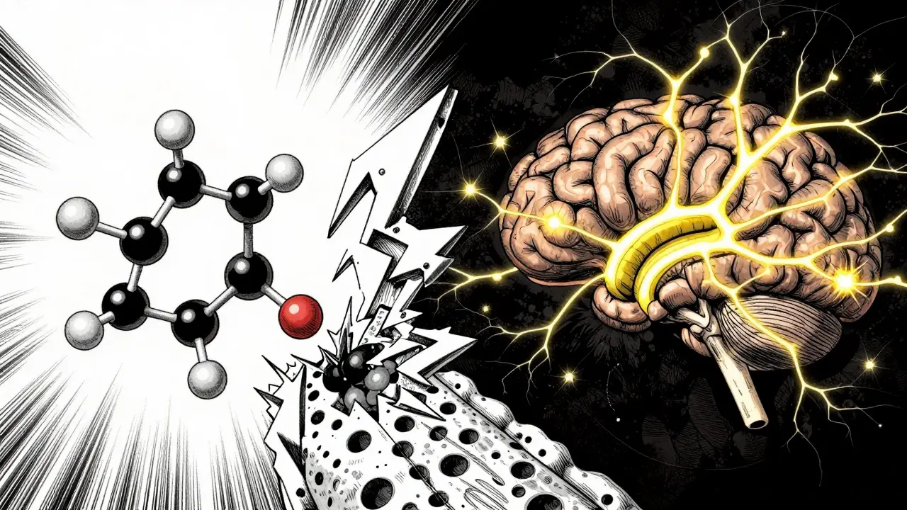 Conceptual art of a molecule crossing the blood-brain barrier and affecting neural pathways.