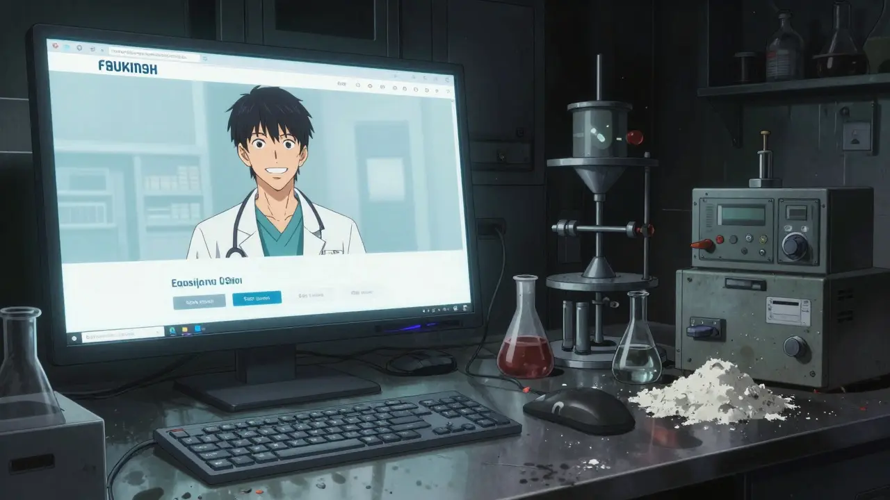 Contrast between a fake medical website and a gritty underground drug lab in Gekiga style.