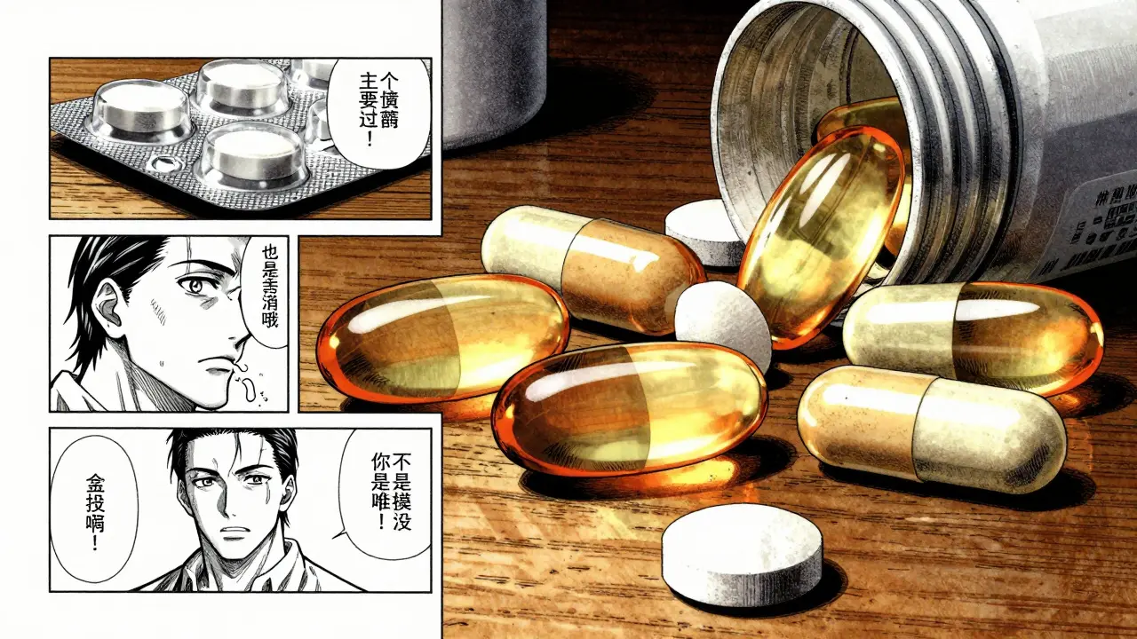 Detailed Gekiga style drawing of generic gabapentin capsules and tablets