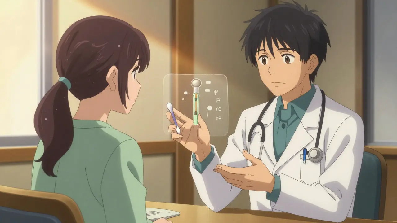 Doctor and patient discussing an IUD for safe contraception in Gekiga anime style.