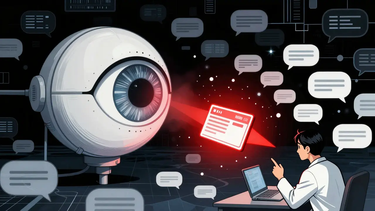 Gekiga illustration of a digital eye detecting a health alert among social media data nodes.