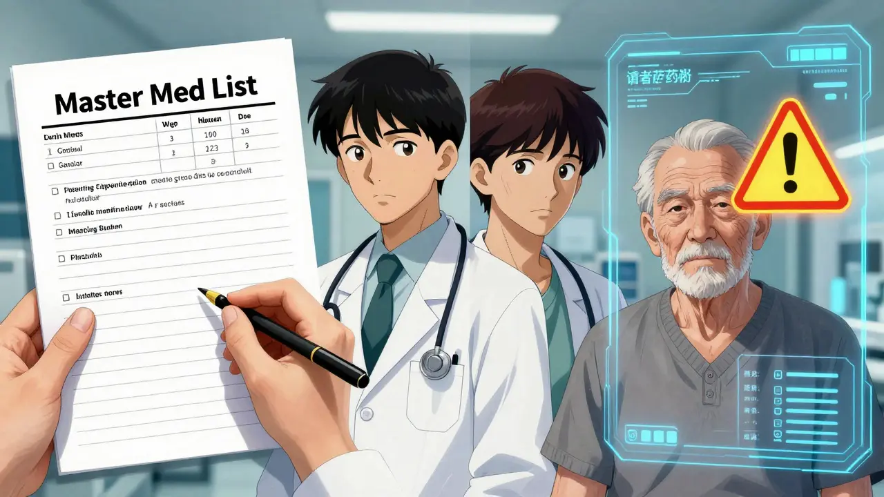 Gekiga style image of a medication list and an AI clinical warning system.