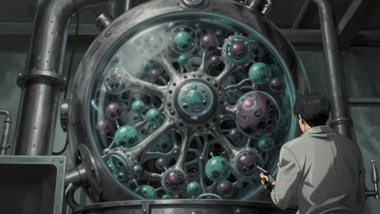 Intricate biological bioreactor for medicine production in gritty manga style.