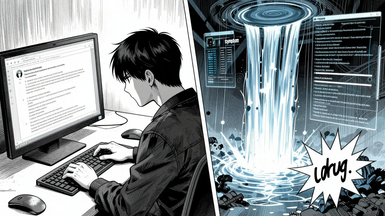 Manga art showing a split view of a user posting and an AI analyzing medical data streams.