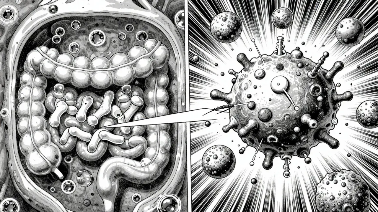 Microscopic Gekiga manga illustration showing calcium blocking medication absorption in the gut.