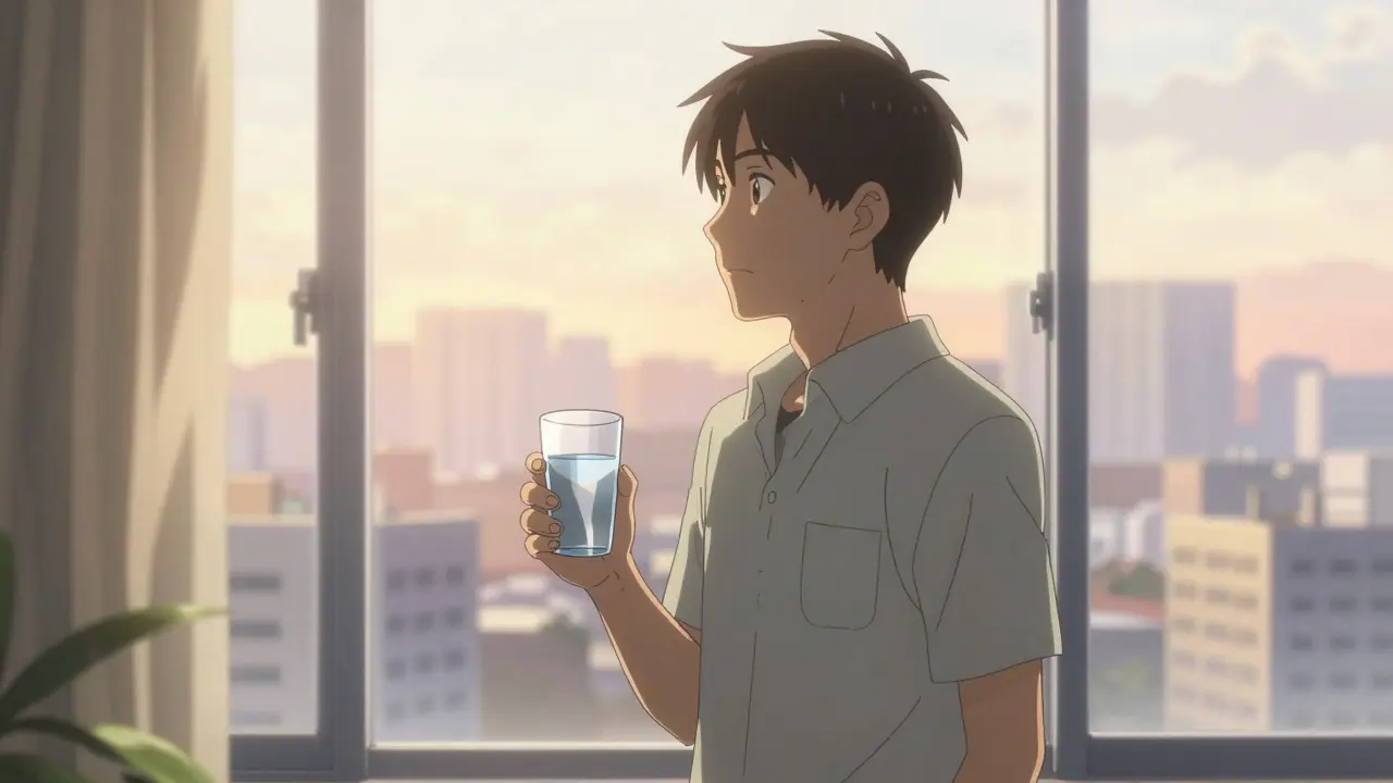 Person looking out a window toward a hopeful morning, representing recovery in Gekiga style.