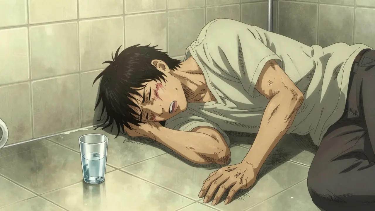 Person struggling on a bathroom floor during the peak of opioid withdrawal in Gekiga style.