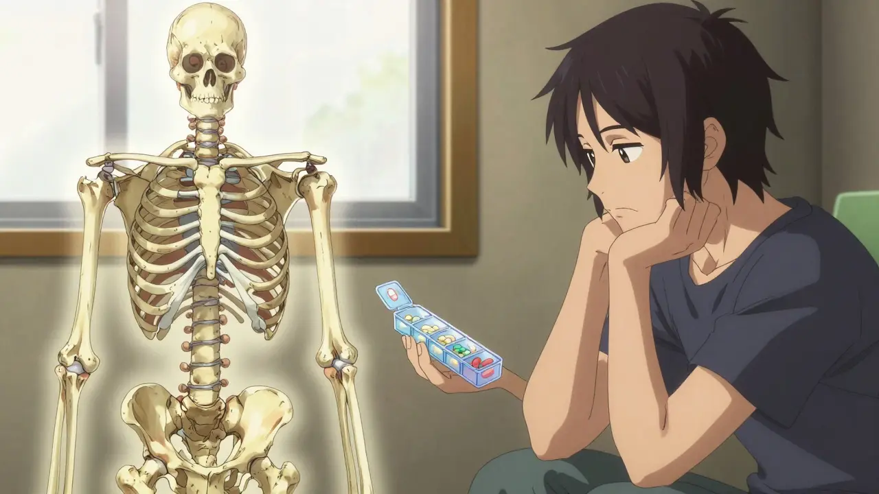 Split-screen Gekiga art showing a strong bone and a person using a pill organizer.