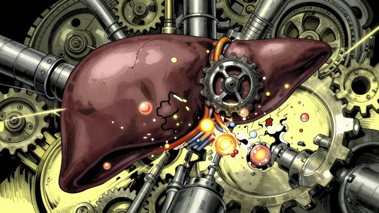 Stylized mechanical liver shredding hormone spheres in detailed Gekiga manga art.