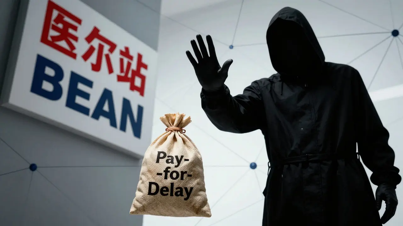 A guardian figure blocking a pay-for-delay bribe to protect generic drug market competition.