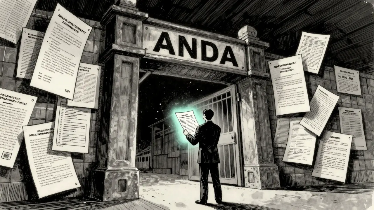 A stylized gatekeeper scene showing generic drugs bypassing clinical trials via the ANDA pathway.