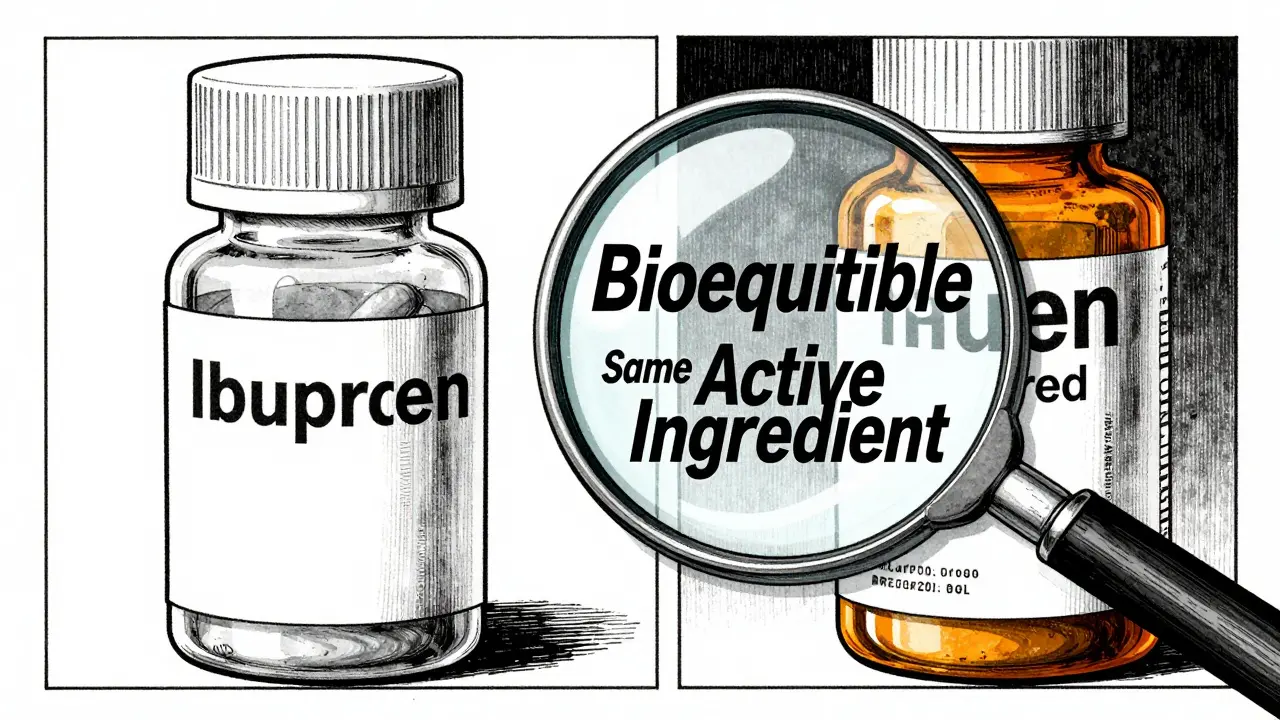 Close up comparing generic and brand ibuprofen bottles