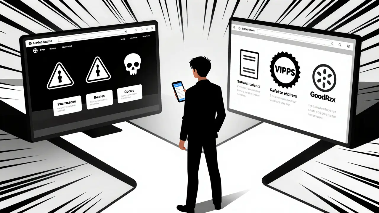 Consumer choosing safe online pharmacy over fake site