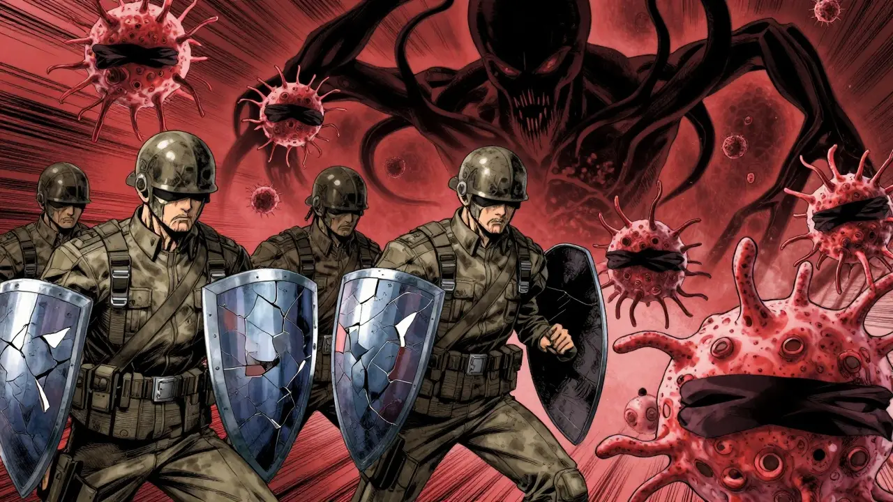 Defeated immune cells and looming pathogens in dark, dramatic Gekiga style