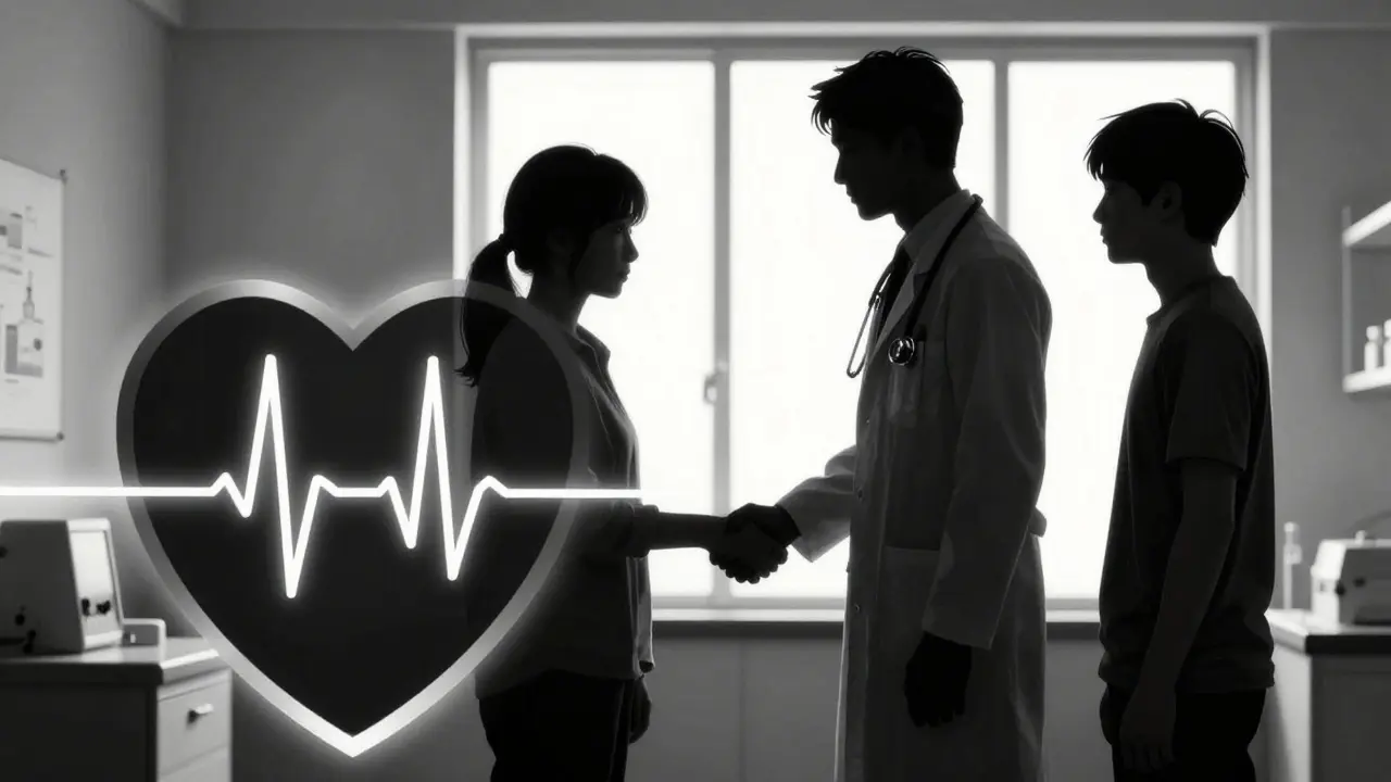 Doctor and patient shaking hands with heart health shield