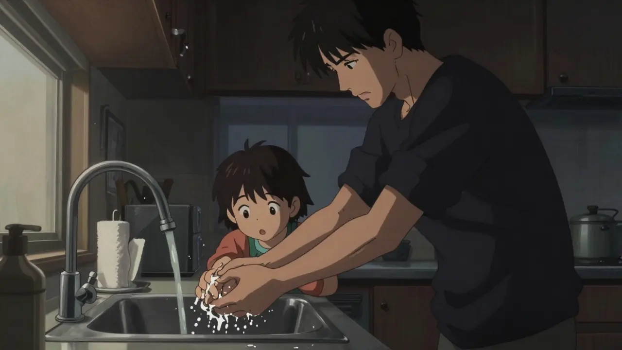 Family practicing hand hygiene in kitchen scene