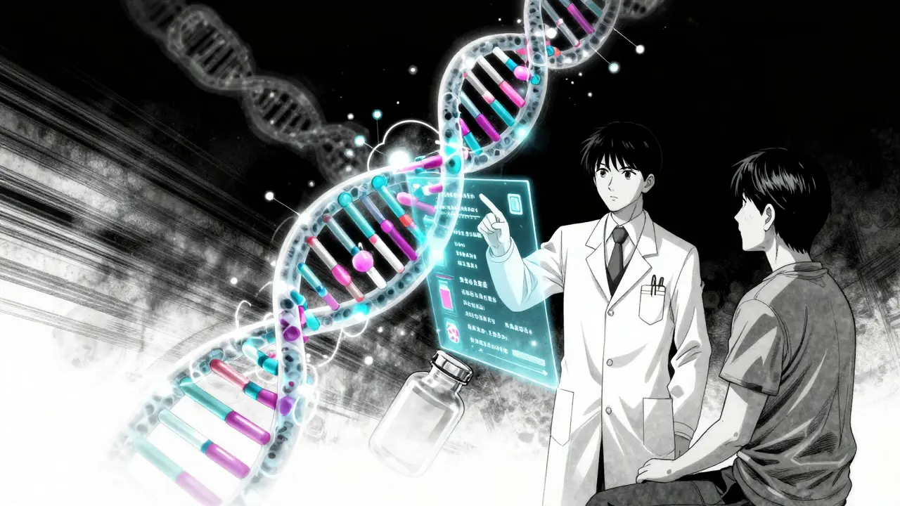 Futuristic DNA analysis guiding generic medication choice in Gekiga art