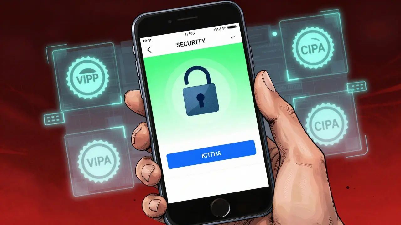 Hand holding a phone showing a secure checkout page with encryption symbols and safety seals.