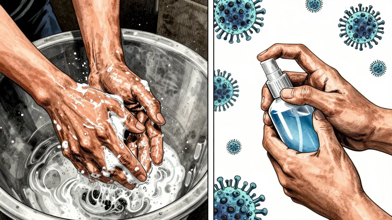 Manga comparison of soapy wash vs sanitizer use