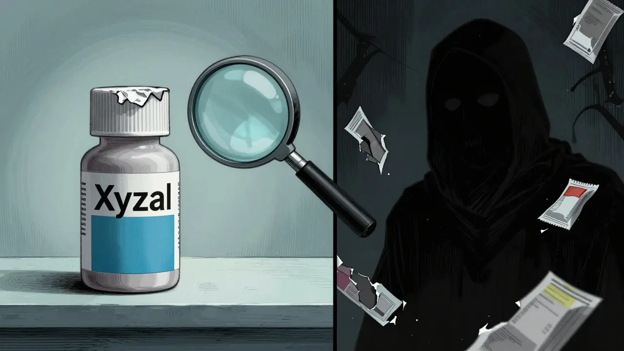 Medicine bottle with intact seal being inspected for safety
