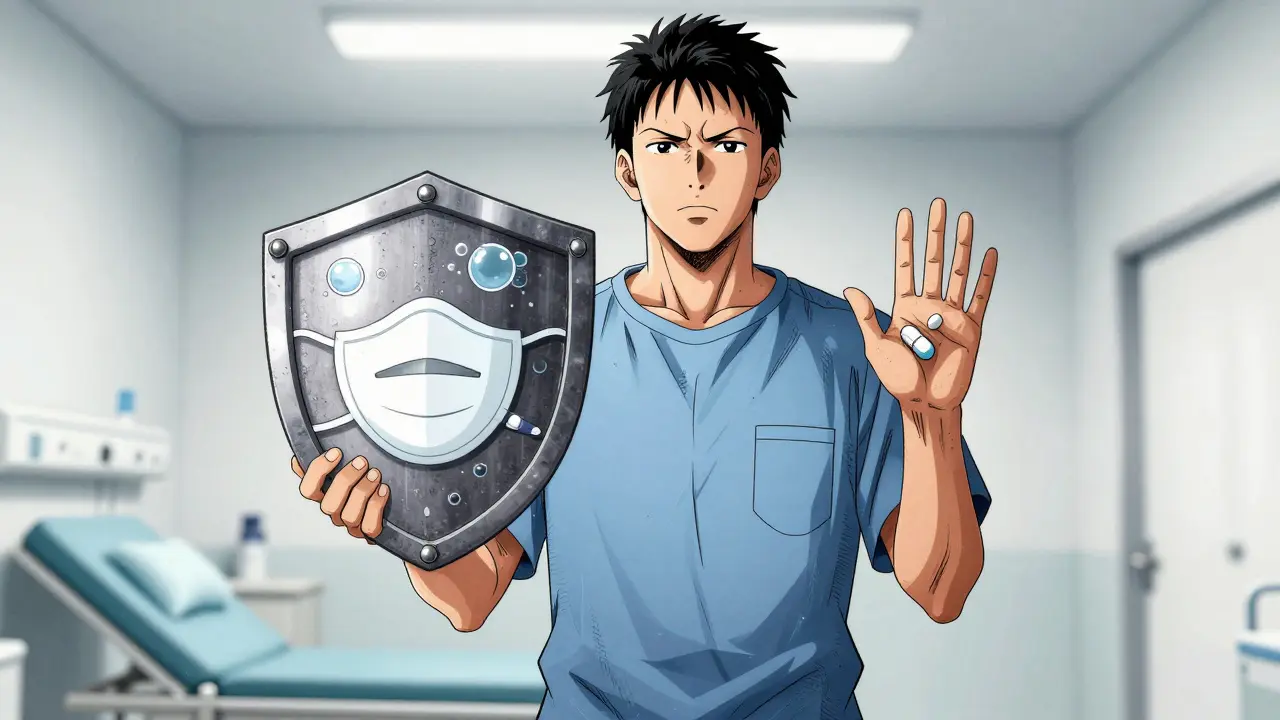 Patient holding shield of hygiene and pills, emphasizing infection prevention