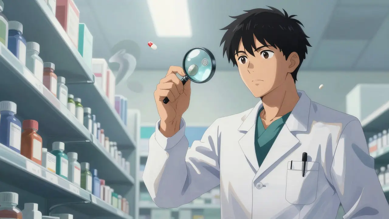 Person carefully inspecting a pill's imprint code against a pharmacy backdrop in detailed Gekiga anime style.