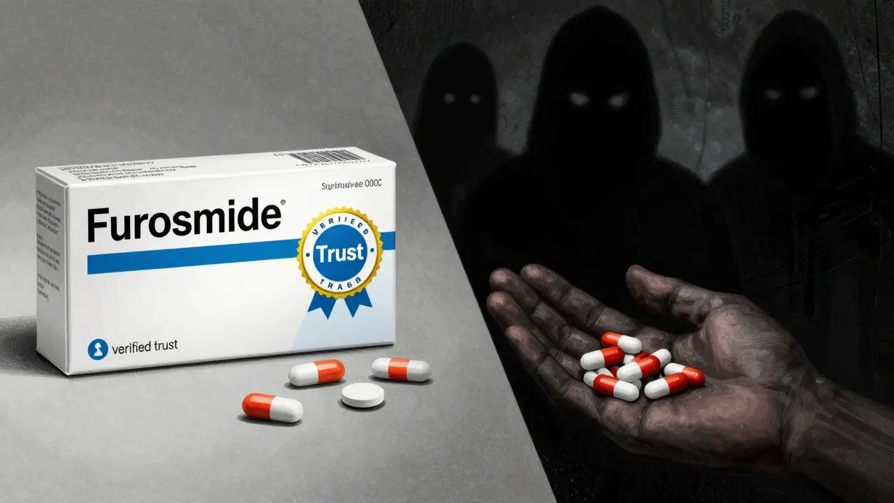 Safe pharmacy package versus dangerous counterfeit drugs