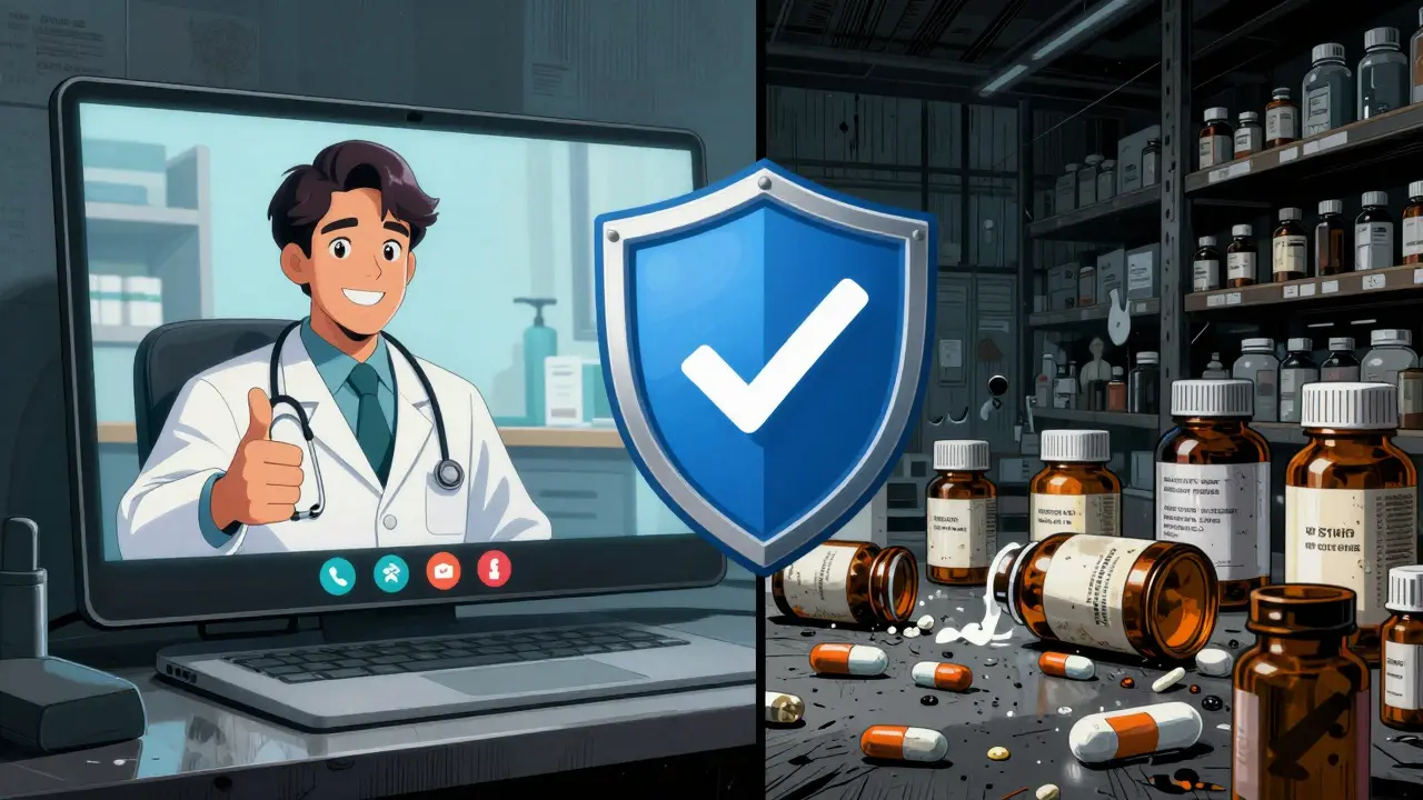 Split image contrasting a safe telehealth doctor visit with a dangerous warehouse of fake drugs.