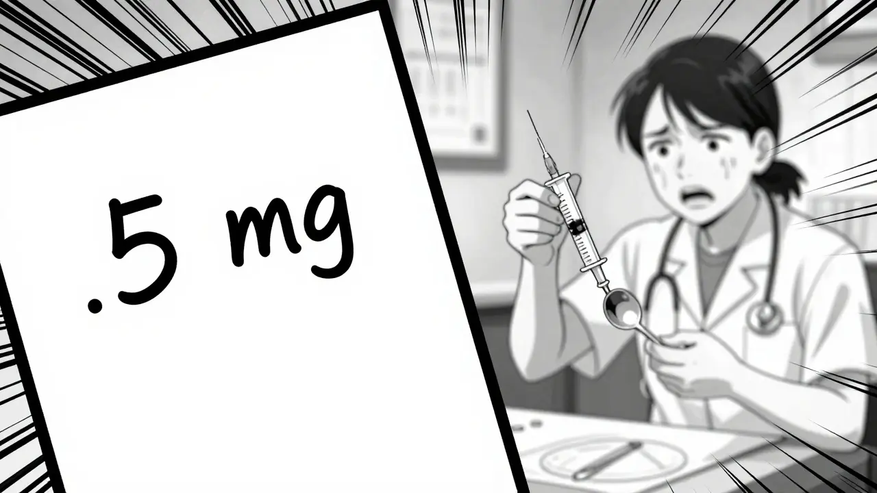 Split view showing decimal error on prescription and confused caregiver with measuring tools in high-contrast manga art.