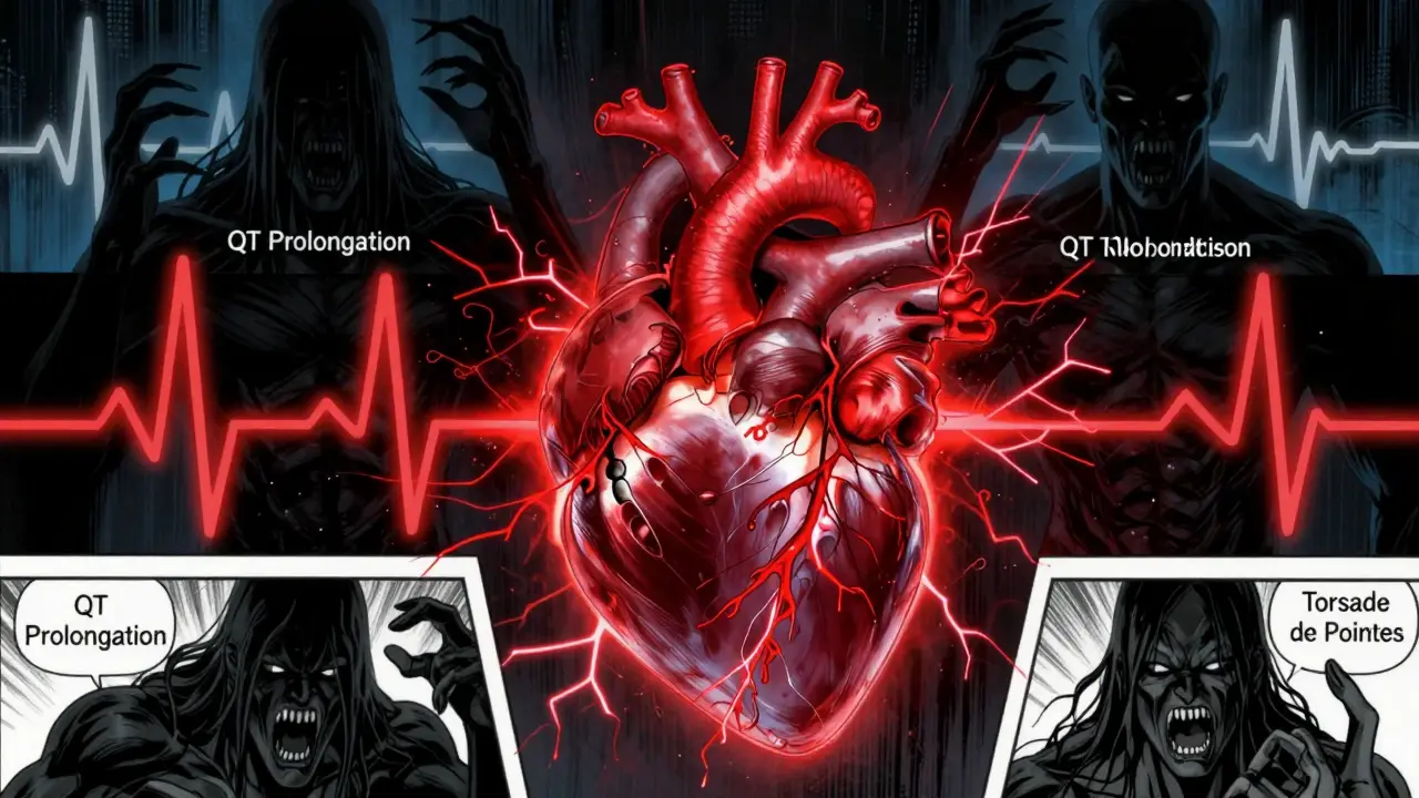Stylized heart under attack by dark spirits representing arrhythmia risk