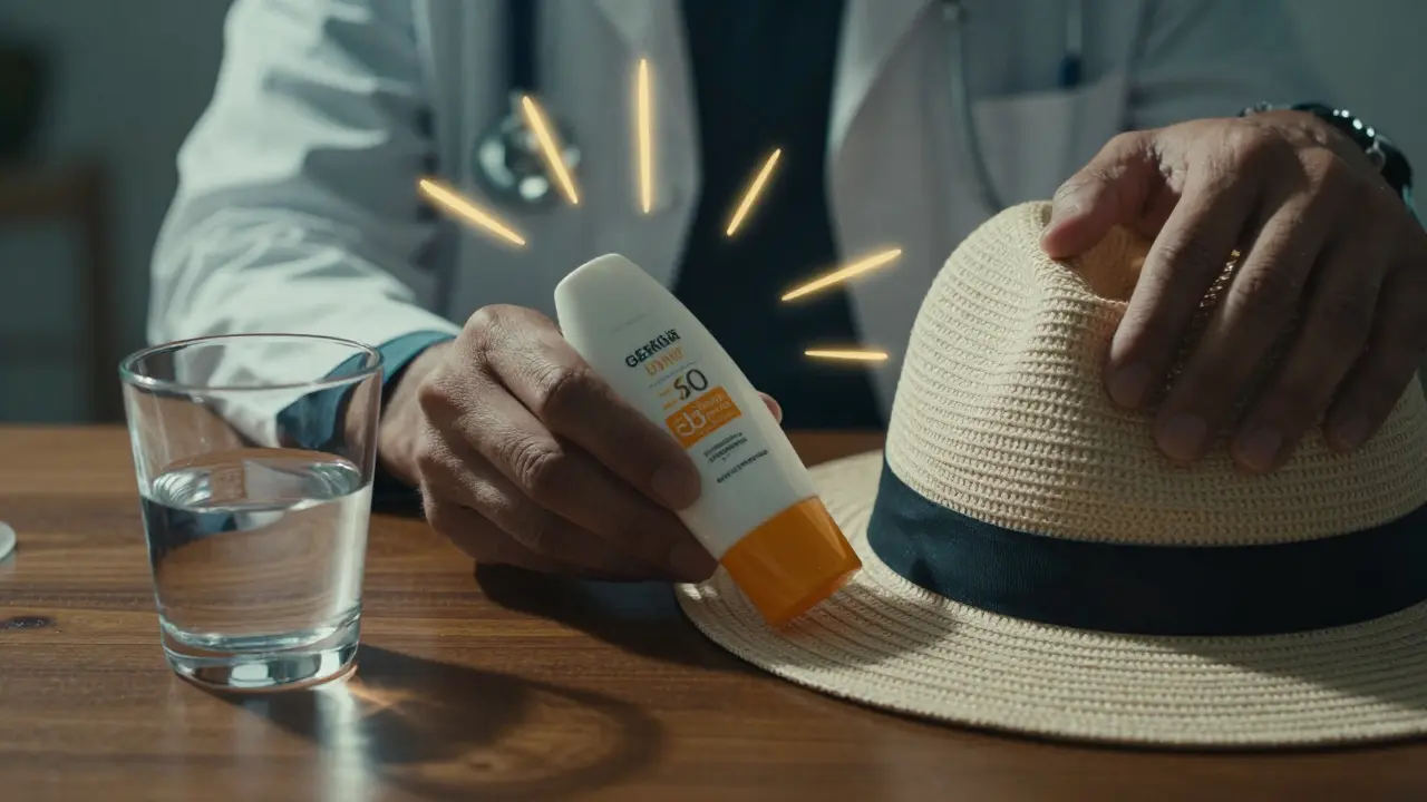 Sunscreen and hat on a table, emphasizing sun protection and avoiding alcohol risks.