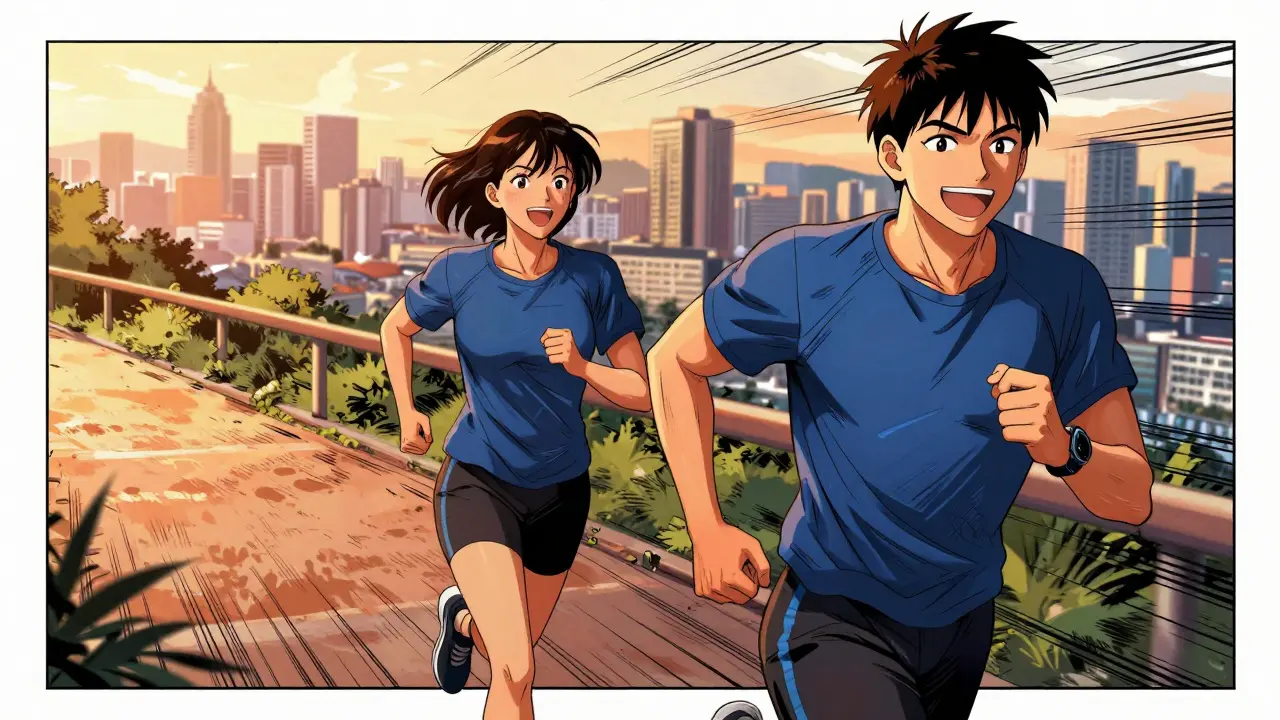 Two friends jogging together on a city trail, highlighting exercise and social support.