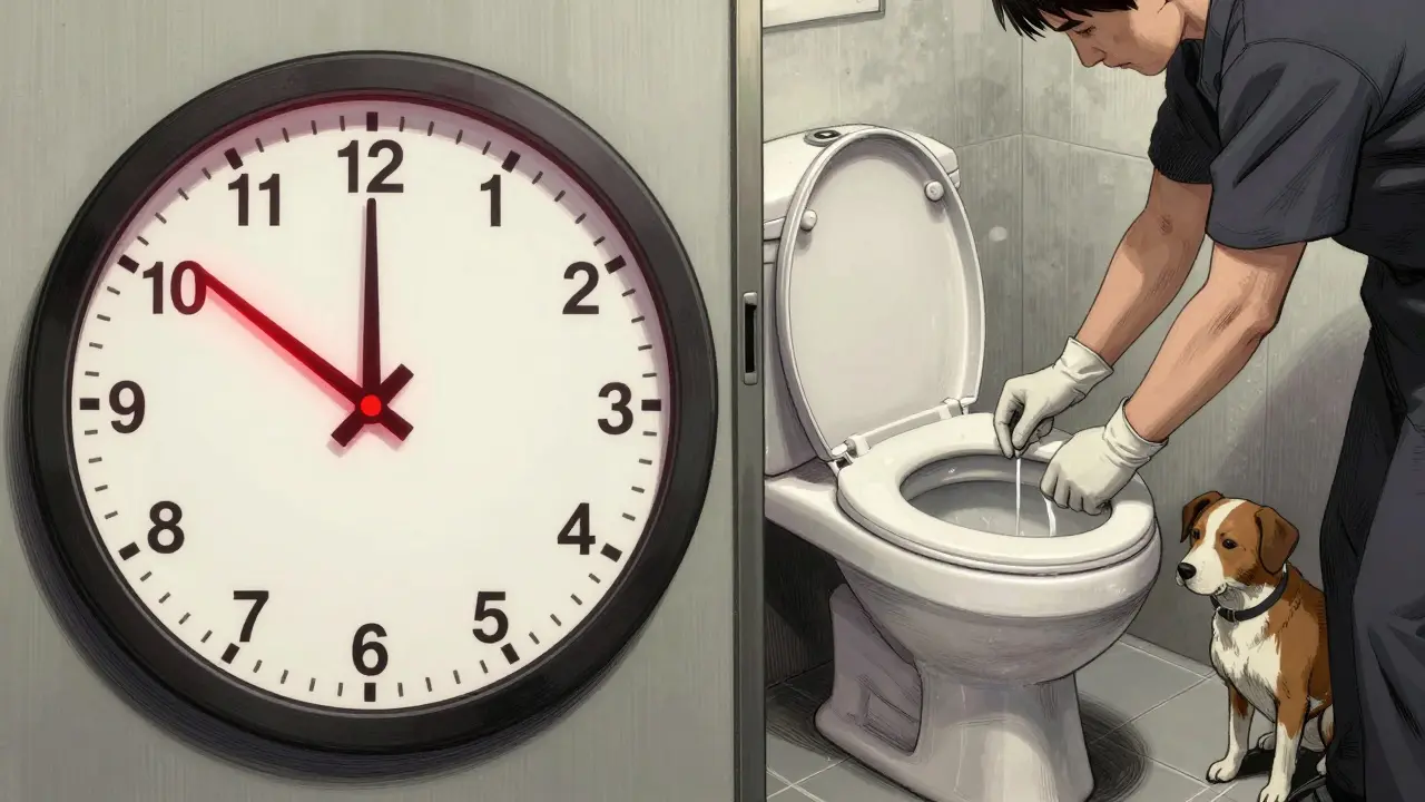 Caregiver flushing toilet with lid down during 48-hour safety window