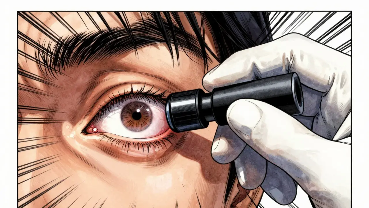 Close-up of eye exam showing inward-turning eyelid rubbing cornea