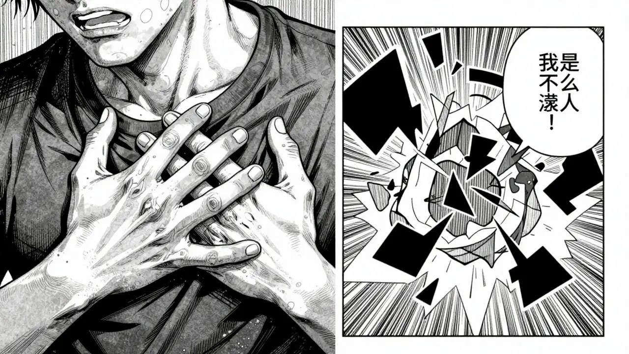 Close up of hand on chest and abstract thought bubbles