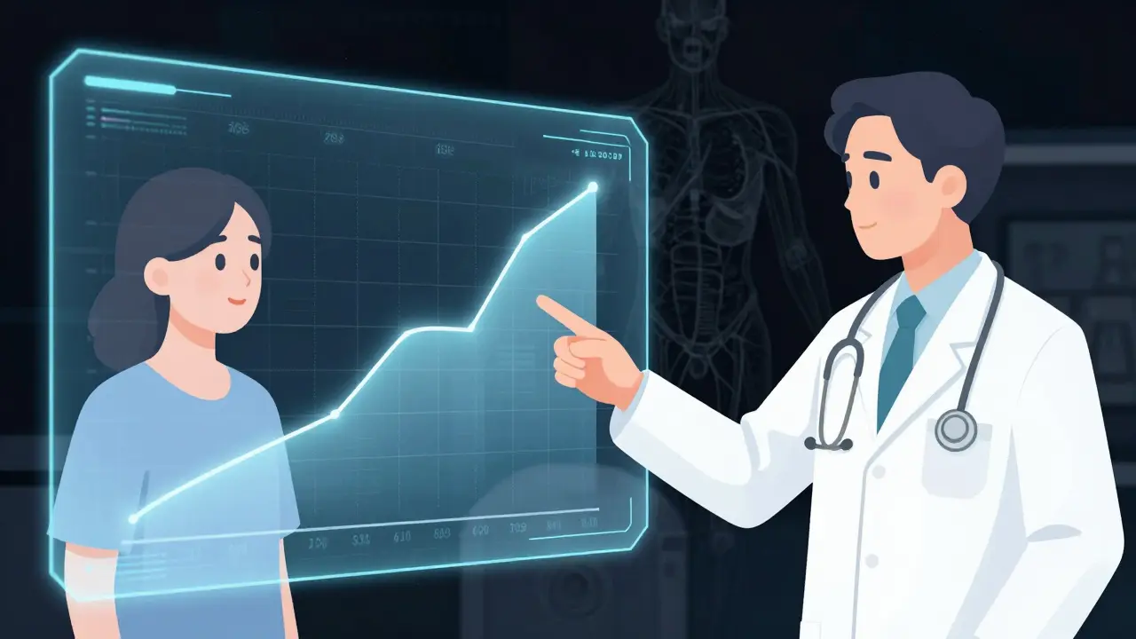 Doctor and patient reviewing smooth treatment progress chart