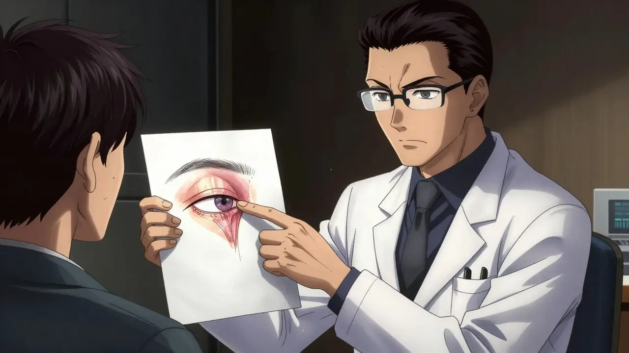 Doctor explaining eyelid surgery anatomy to patient