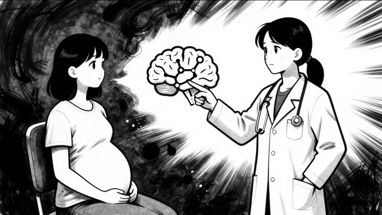 Doctor explaining treatment to pregnant patient in dramatic manga art