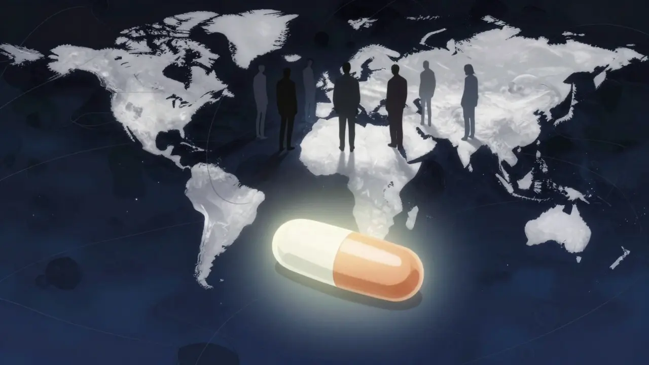 Glowing generic pill symbolizing trust in Gekiga style