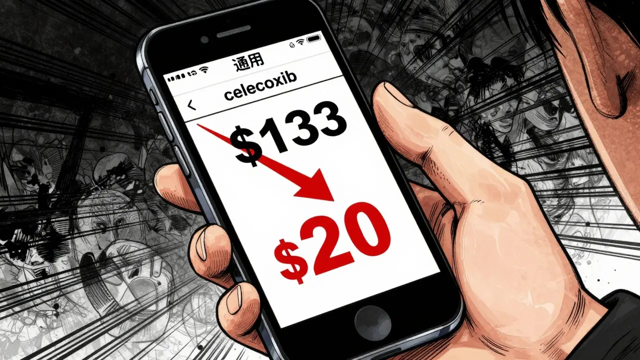 Hand using phone to compare cheap celecoxib prices in dramatic manga art